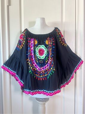 Ruby Yaya Embroidered Floral Boho Off Shoulder Blouse Black Large Bell Sleeve
